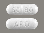 Sotalol: Esto es un Tableta blanco oblongo imprimido con APO en la parte delantera, SO 80 en la parte posterior, y es fabricado por AHP.