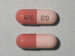 This is a pink oblong Capsule Dr imprinted with APO on the front, 010 on the back, and is manufactured by APOTEX CORP.