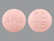 Clopidogrel: Esto es un Tableta imprimido con APO en la parte delantera, CL  75 en la parte posterior, y es fabricado por None.