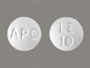 Leflunomide: Esto es un Tableta blanco redondo imprimido con LE  10 en la parte delantera, APO en la parte posterior, y es fabricado por APOTEX CORP.