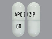 Ziprasidone Hcl: This is a Capsule imprinted with APO ZIP on the front, 60 on the back.