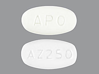 This is a Tablet imprinted with APO on the front, AZ250 on the back.
