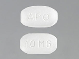 Esto es un Tableta imprimido con APO en la parte delantera, 10 MG en la parte posterior, y es fabricado por None.