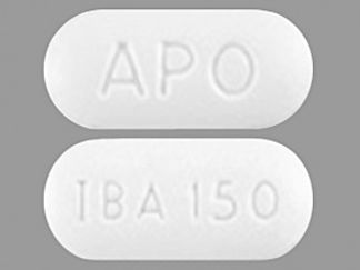 This is a Tablet imprinted with APO on the front, IBA 150 on the back.