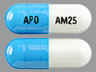 This is a Capsule imprinted with APO on the front, AM25 on the back.