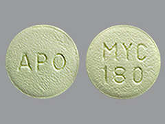 Esto es un Tableta LP verde claro redondo imprimido con MYC  180 en la parte delantera, APO en la parte posterior, y es fabricado por AHP.