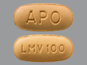 Lamivudine: Esto es un Tableta imprimido con APO en la parte delantera, LMV 100 en la parte posterior, y es fabricado por None.