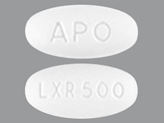 This is a Tablet Er 24 Hr imprinted with APO on the front, LXR 500 on the back.