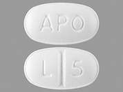 Levocetirizine Dihydrochloride: This is a white oval Tablet imprinted with APO on the front, L 5 on the back, and is manufactured by APOTEX CORP.