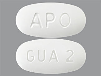This is a Tablet Er 24 Hr imprinted with APO on the front, GUA 2 on the back.