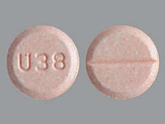 This is a light orange round Tablet imprinted with U38 on the front, nothing on the back, and is manufactured by AUROBINDO PHARM.