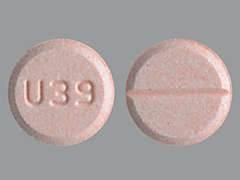 This is a light orange round Tablet imprinted with U39 on the front, nothing on the back, and is manufactured by AUROBINDO PHARM.