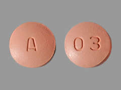 Esto es un Tableta rosado redondo imprimido con A en la parte delantera, 03 en la parte posterior, y es fabricado por NORTHSTAR RX LL.