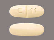 Levetiracetam: Esto es un Tableta amarillo oval imprimido con E 11 en la parte delantera, nada en la parte posterior, y es fabricado por BLUEPOINT LABOR.