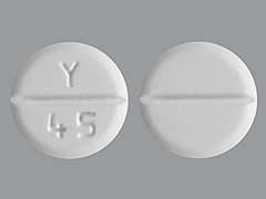 This is a white round Tablet imprinted with Y  45 on the front, nothing on the back, and is manufactured by RISING PHARM.