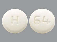 This is a white round Tablet imprinted with 64 on the front, H on the back, and is manufactured by AUROBINDO PHARM.