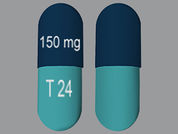 Atazanavir Sulfate: Esto es un Cápsula azul pólvora oblongo imprimido con 150 mg en la parte delantera, T 24 en la parte posterior, y es fabricado por AUROBINDO PHARM.