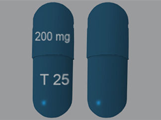 This is a Capsule imprinted with 200 mg on the front, T 25 on the back.