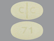 Clozapine: This is a Tablet imprinted with C C on the front, 71 on the back.