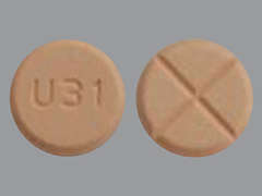 This is a light orange round Tablet imprinted with U31 on the front, nothing on the back, and is manufactured by AUROBINDO PHARM.