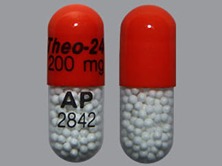 This is a Capsule Er 24 Hr imprinted with Theo-24  200 mg on the front, AP  2842 on the back.