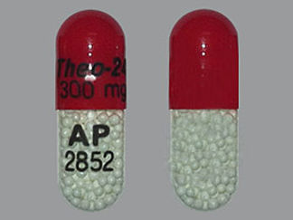 Esto es un Cápsula Er 24 Hr imprimido con Theo-24  300 mg en la parte delantera, AP  2852 en la parte posterior, y es fabricado por None.