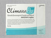 Climara Pro: This is a clear oval Patch Transdermal Weekly imprinted with Climara 0.045/0.015mg/day on the front, nothing on the back, and is manufactured by BAYER,PHARM DIV.