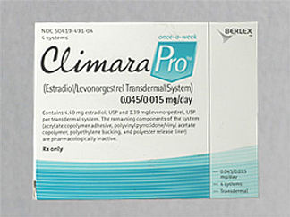 This is a Patch Transdermal Weekly imprinted with Climara 0.045/0.015mg/day on the front, nothing on the back.