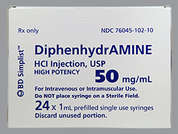 Diphenhydramine Hcl: This is a colorless Syringe imprinted with nothing on the front, nothing on the back, and is manufactured by FRESENIUS KABI.
