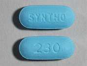 Estrogen-Methyltestosterone: This is a light blue oblong Tablet imprinted with SYNTHO on the front, 230 on the back, and is manufactured by LEADING PHARMA.