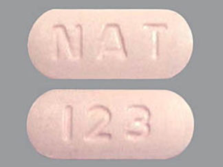 This is a Tablet imprinted with NAT on the front, 123 on the back.