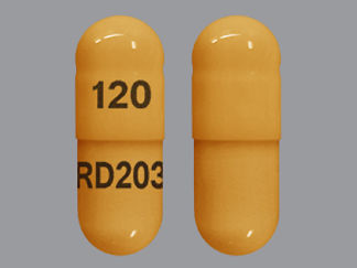 This is a Capsule Er 24hr imprinted with 120 on the front, RD203 on the back.