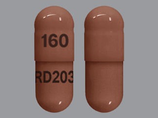 This is a Capsule Er 24hr imprinted with 160 on the front, RD203 on the back.