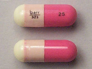 This is a Capsule imprinted with barr  323 on the front, 25 on the back.