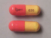 Danazol: This is a orange oblong Capsule imprinted with barr on the front, 635 on the back, and is manufactured by TEVA USA.