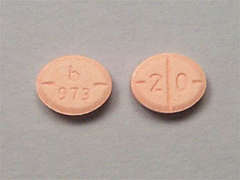 This is a peach oval Tablet imprinted with b  973 on the front, 2  0 on the back, and is manufactured by TEVA USA.