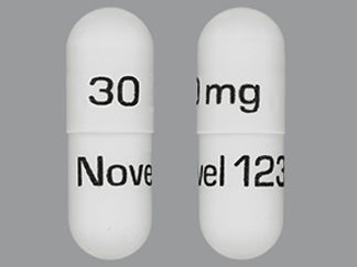 This is a Capsule imprinted with 30 mg on the front, Novel 123 on the back.