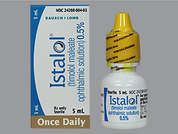 Istalol: Esto es un Gotas Once Daily incoloro imprimido con nada en la parte delantera, nada en la parte posterior, y es fabricado por BAUSCH & LOMB I.