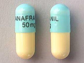 Esto es un Cápsula imprimido con ANAFRANIL  50 mg en la parte delantera, nada en la parte posterior, y es fabricado por None.