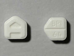 This is a white five-sided Tablet imprinted with A on the front, BPI  64 on the back, and is manufactured by BAUSCH HEALTH U.