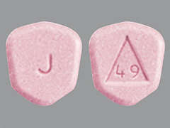 This is a pink shield Tablet imprinted with J on the front, logo and 49 on the back, and is manufactured by CAMBER PHARMACE.