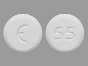 Amlodipine Besylate: Esto es un Tableta blanco redondo imprimido con logo en la parte delantera, 55 en la parte posterior, y es fabricado por CARACO/SUN PHAR.