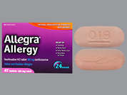 Allegra Allergy: Esto es un Tableta color durazno oval imprimido con 018 en la parte delantera, e en la parte posterior, y es fabricado por CHATTEM CONS PR.
