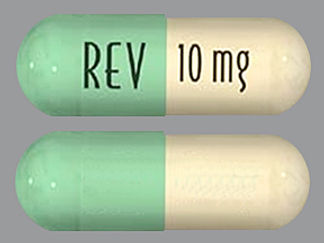 Esto es un Cápsula imprimido con REV en la parte delantera, 10 mg en la parte posterior, y es fabricado por None.