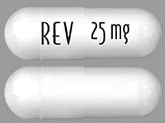This is a Capsule imprinted with REV on the front, 25 mg on the back.