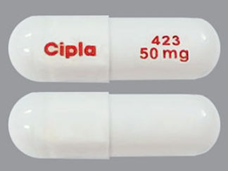 Esto es un Cápsula imprimido con Cipla en la parte delantera, 423  50 mg en la parte posterior, y es fabricado por None.