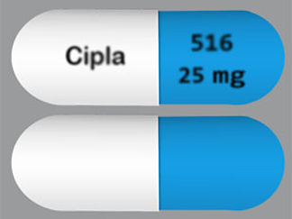 Esto es un Cápsula imprimido con Cipla en la parte delantera, 516  25 mg en la parte posterior, y es fabricado por None.