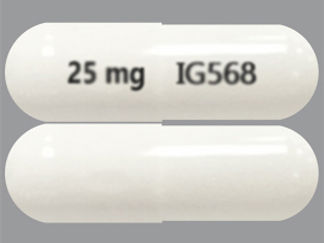 This is a Capsule imprinted with 25 mg on the front, IG568 on the back.