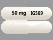 Pregabalin: This is a Capsule imprinted with 50 mg on the front, IG569 on the back.