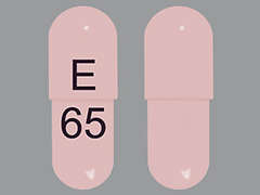 This is a pink oblong Capsule Dr imprinted with E on the front, 65 on the back, and is manufactured by AUROBINDO PHARM.